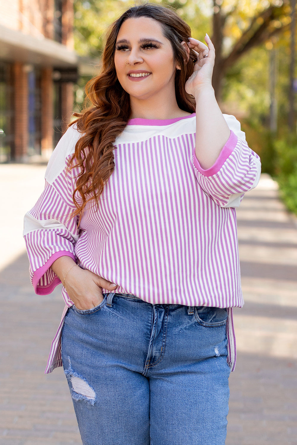 Camiseta de talla grande de manga de pulsera de chorro rosa