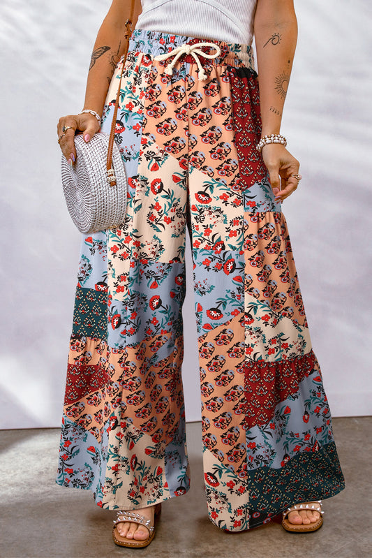 Multicolor Boho Patchwork Print Drawstring Wide Leg Pants