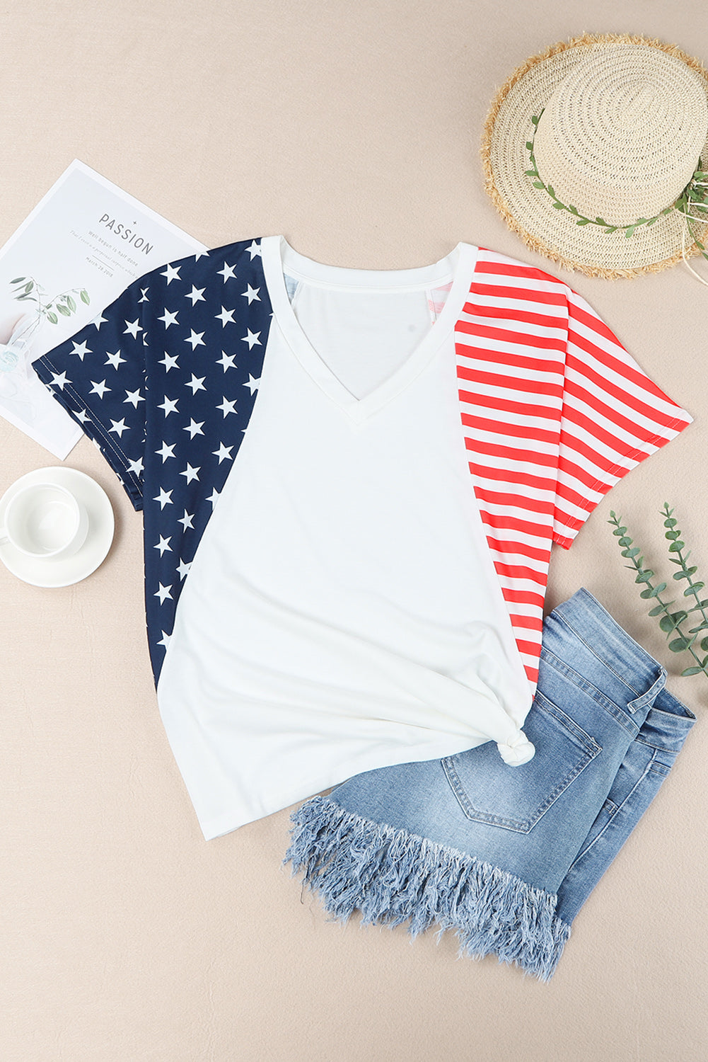 White the US Stars and Stripes V Neck Tee