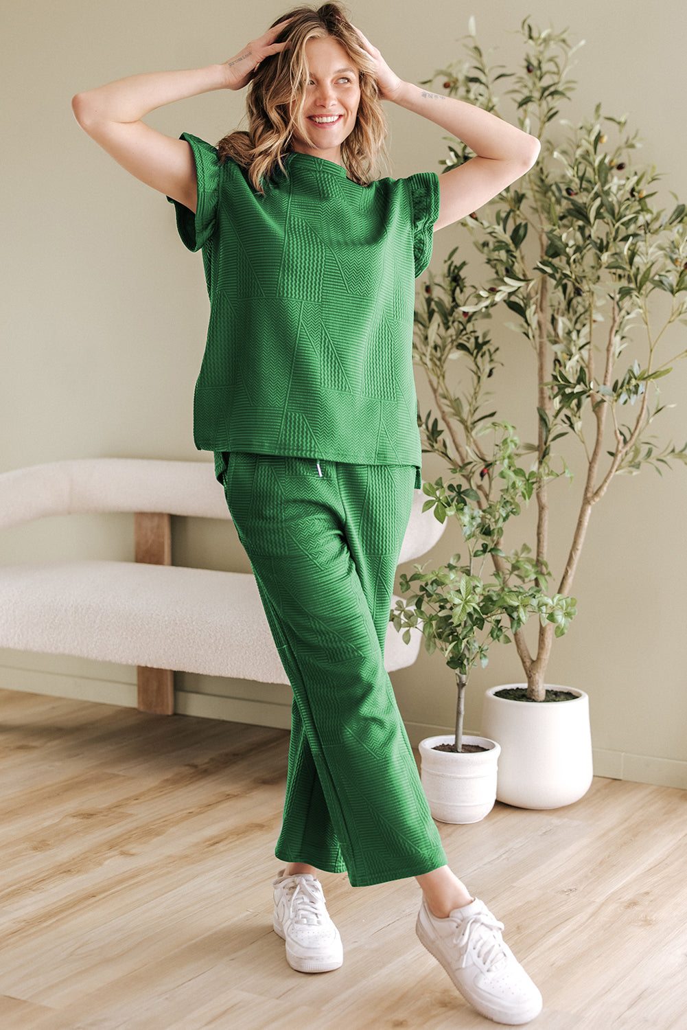 Dark Green Ruffle Sleeve Summer Top and Loose Short Pants Set