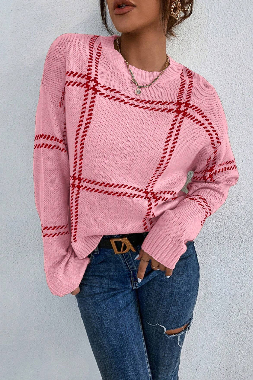 Pink Plaid Knitted Drop Shoulder Sweater