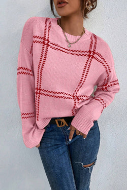 Sweater rosa de hombro rosa tejido con patrón escocés