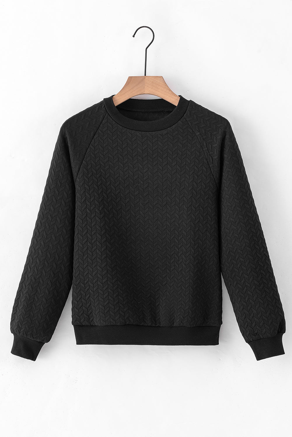 Black Solid Textured Raglan Sleeve Pullover Sweatshirt