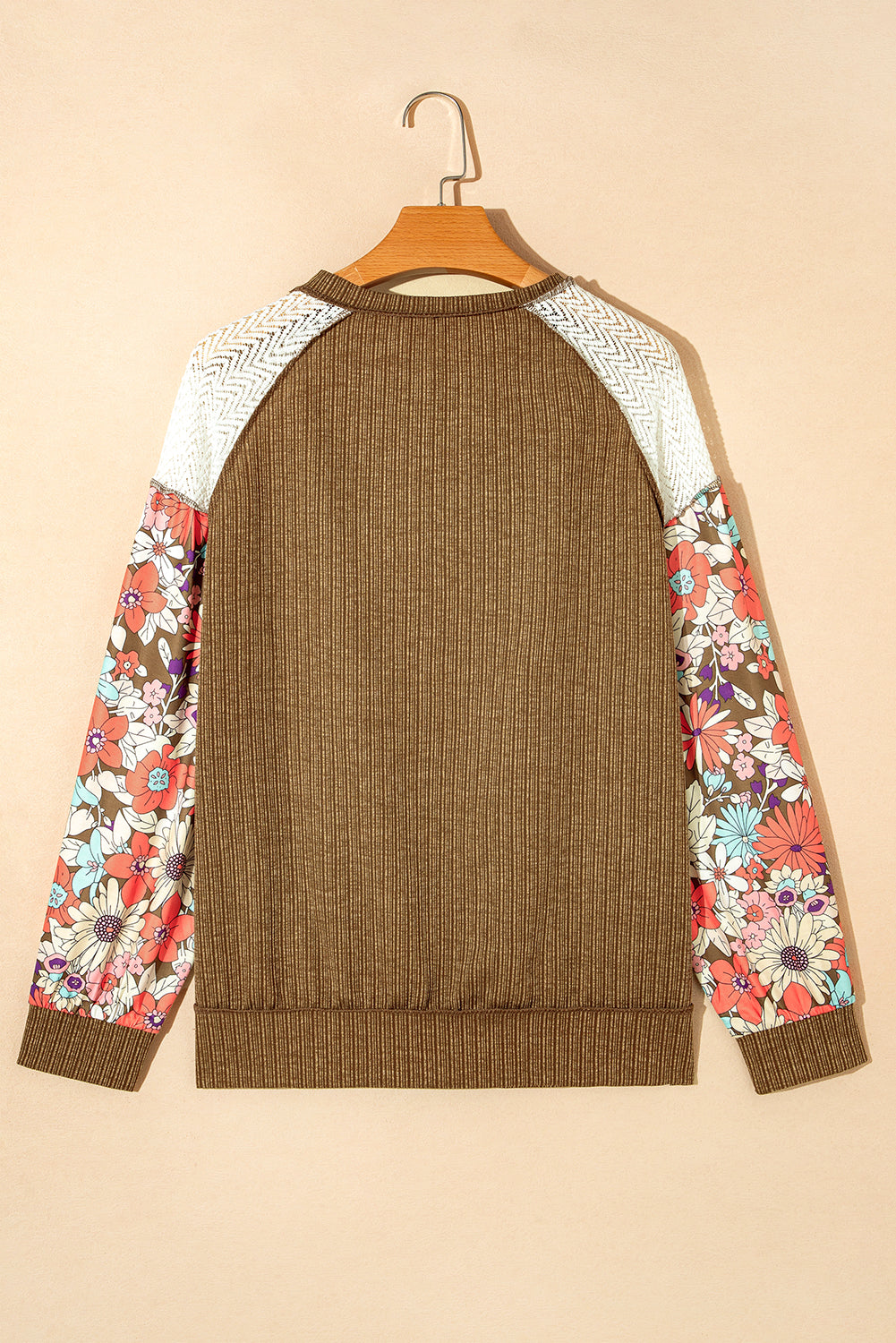 Blouse texturée à manches bouffées florales brunes