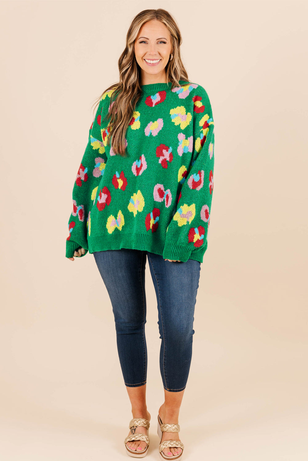 Plus Size Green Floral Knit Ribbed Drop Shoulder Sweater