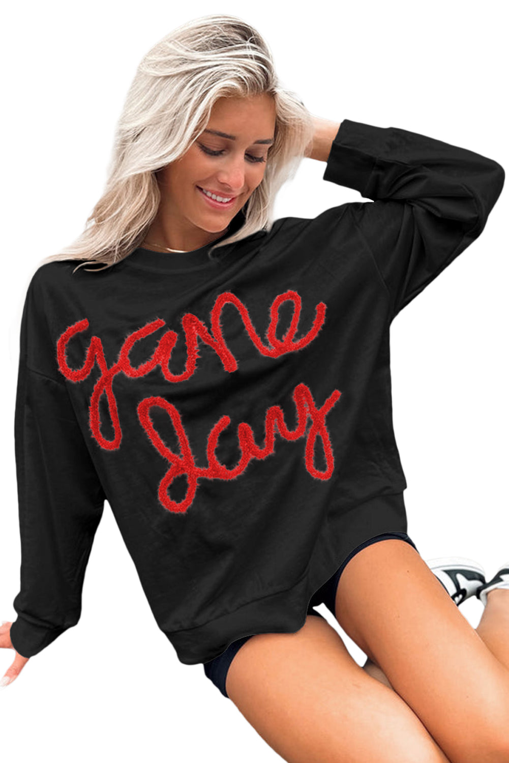 Black Tinsel Game Day Drop Shoulder Graphic Sweatshirt