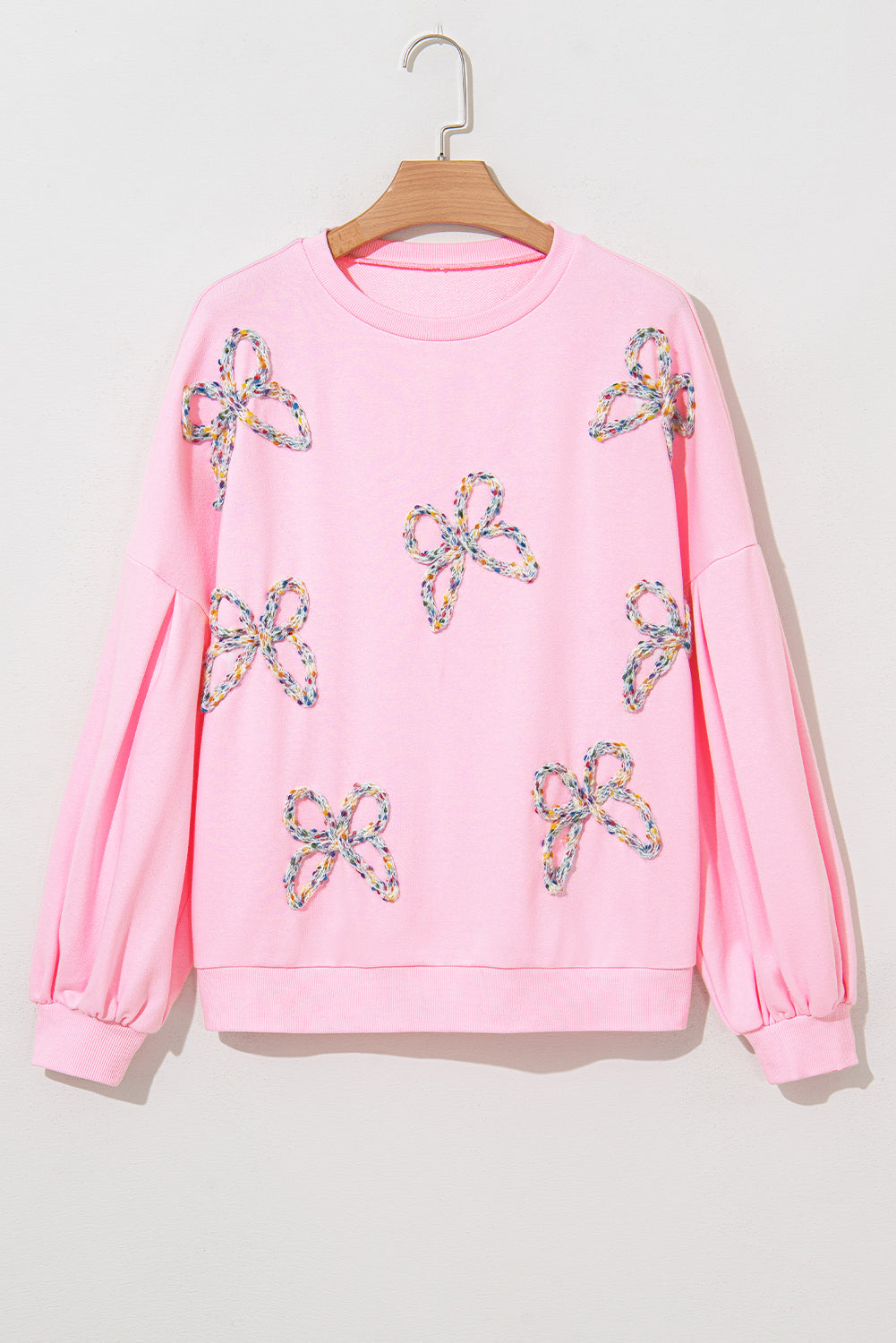 Light Pink Embroidered Bow Lantern Sleeve Oversized Sweatshirt