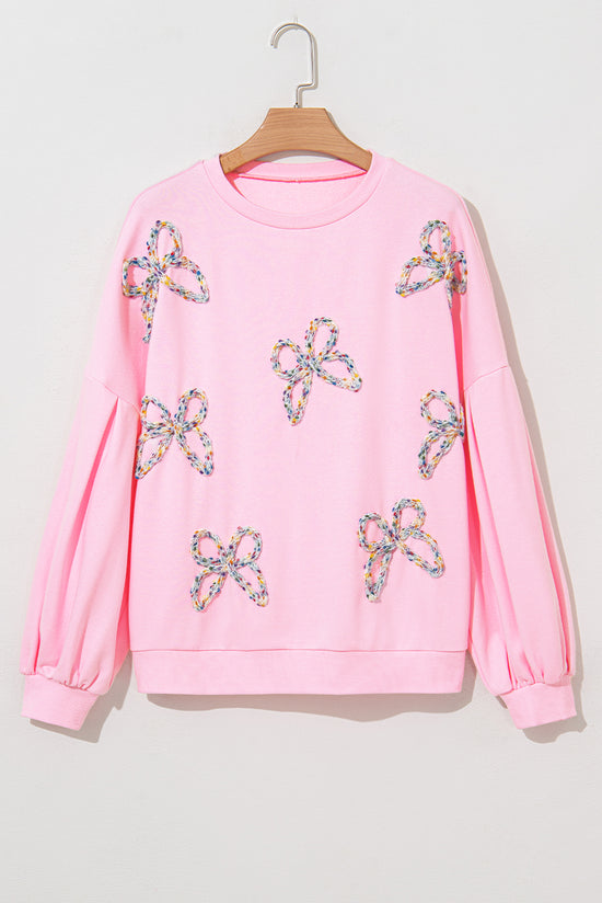 Light Pink Embroidered Bow Lantern Sleeve Oversized Sweatshirt