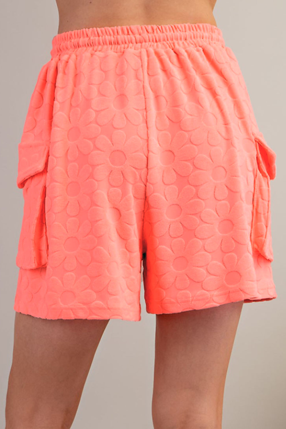Grapefruit Orange Floral Textured Short Sleeve Top and Shorts Lounge Set
