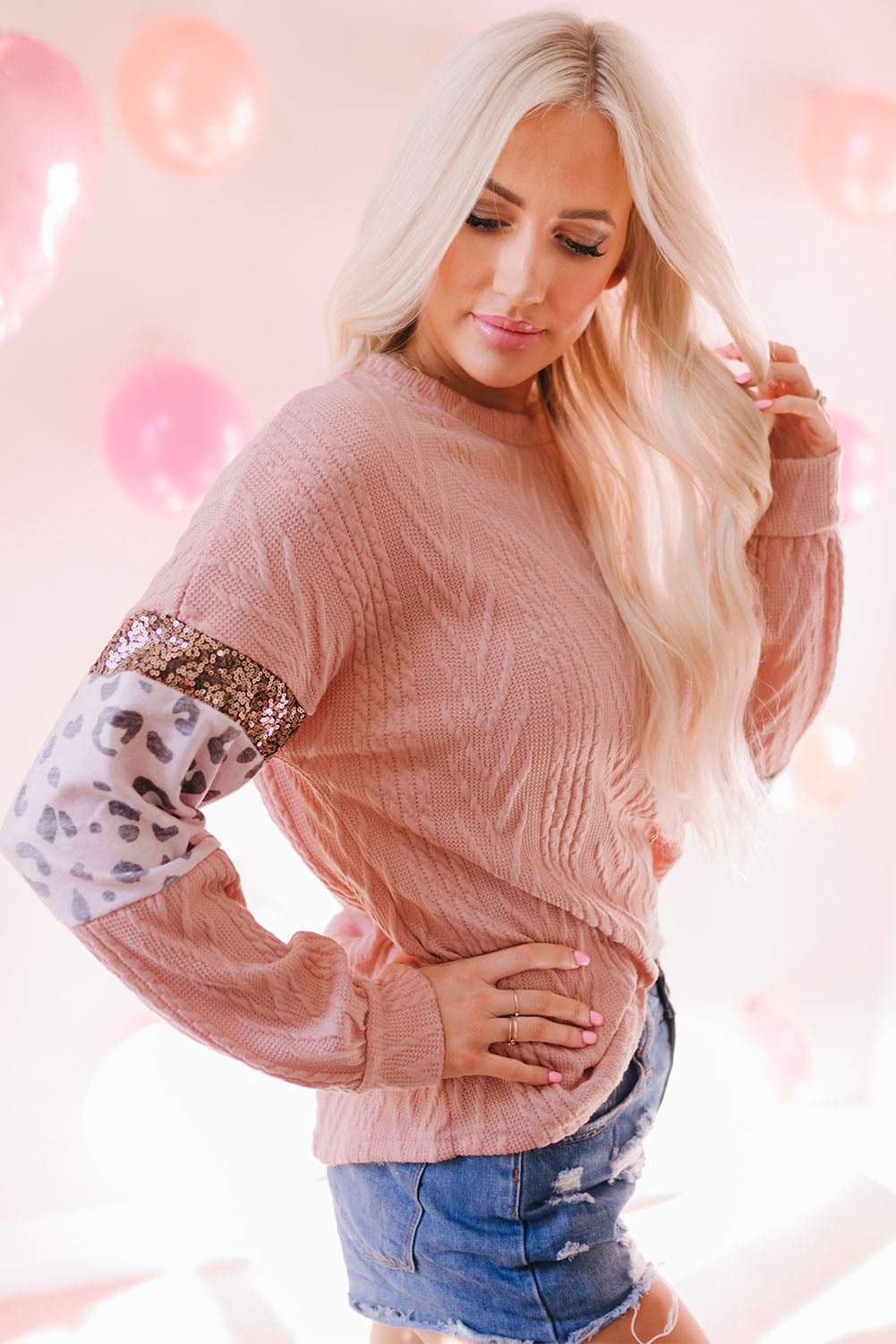 Pink Leopard Sequin Splicing Sleeves Textured Knit Top