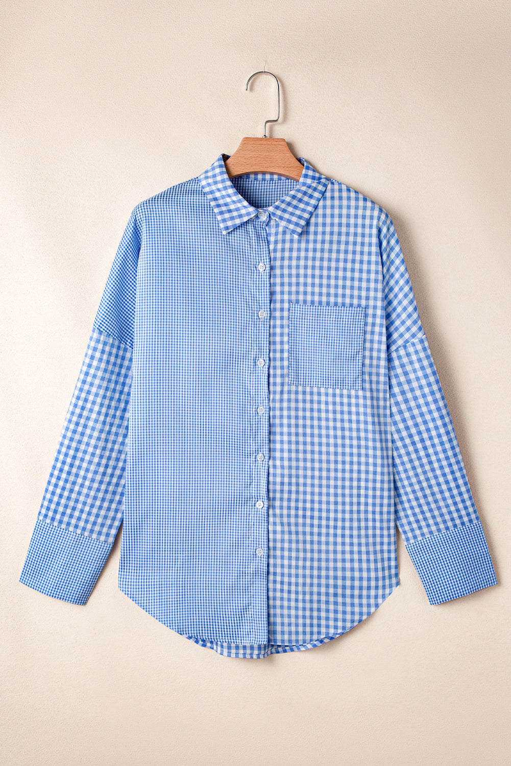 Sky Blue Streifen Plaid Patchwork -Knopf auf Langarm Shirt