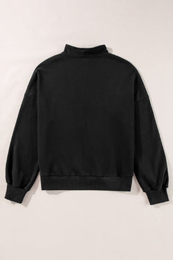 Black zip-up sweatshirt with stand-up collar and kangaroo pocket