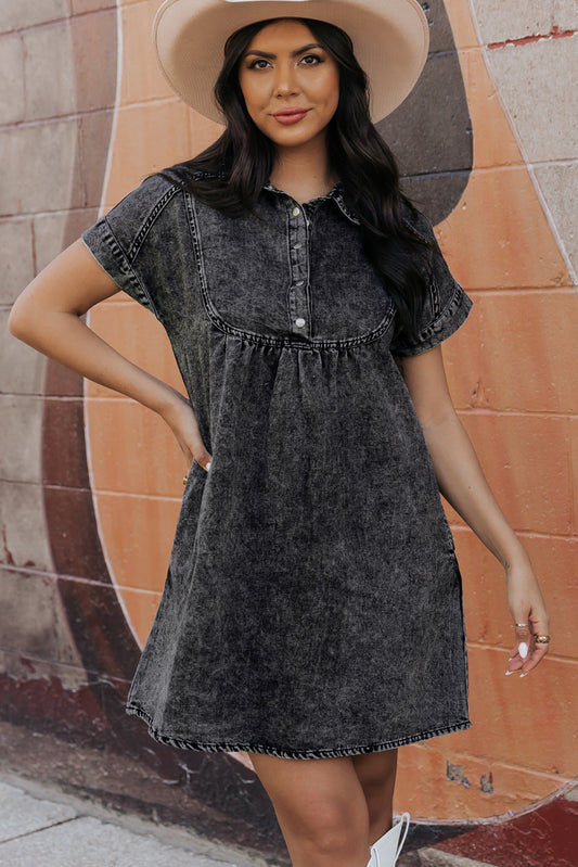 Black denim dress with short sleeves and acid wash button-down collar