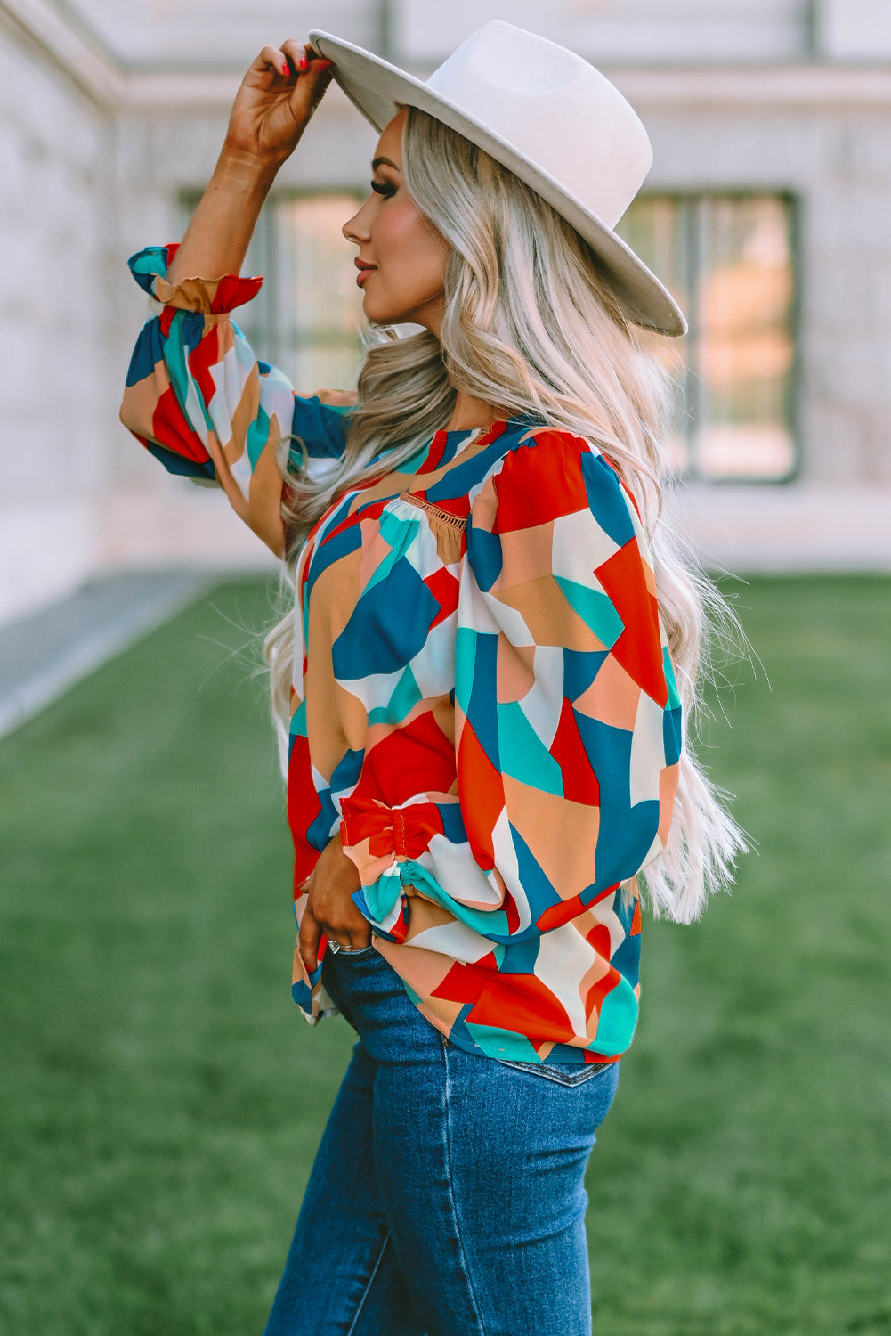 Multicolore Abstract Pattern Crewnack Clewle Sholeve Blouse