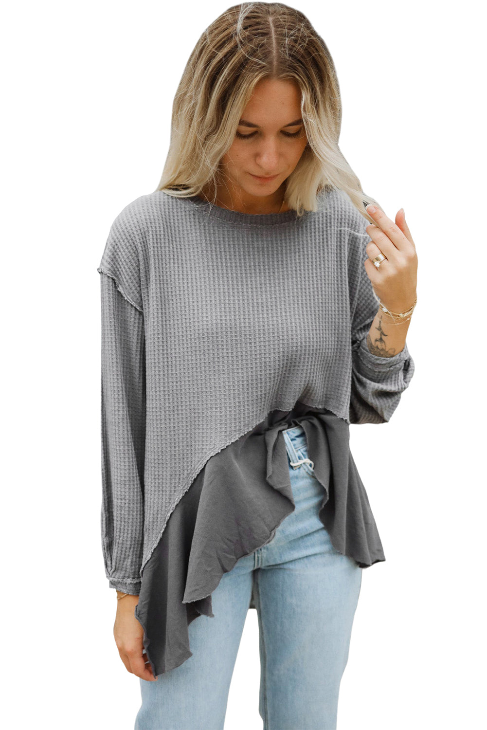 Top de patchwork con volantes y manga larga tipo gofre gris medio