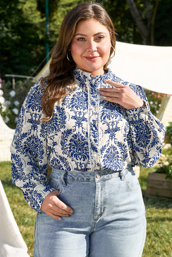 Chemise bleu ciel à motif tribal imprimé et col cranté boutonnée de grande taille