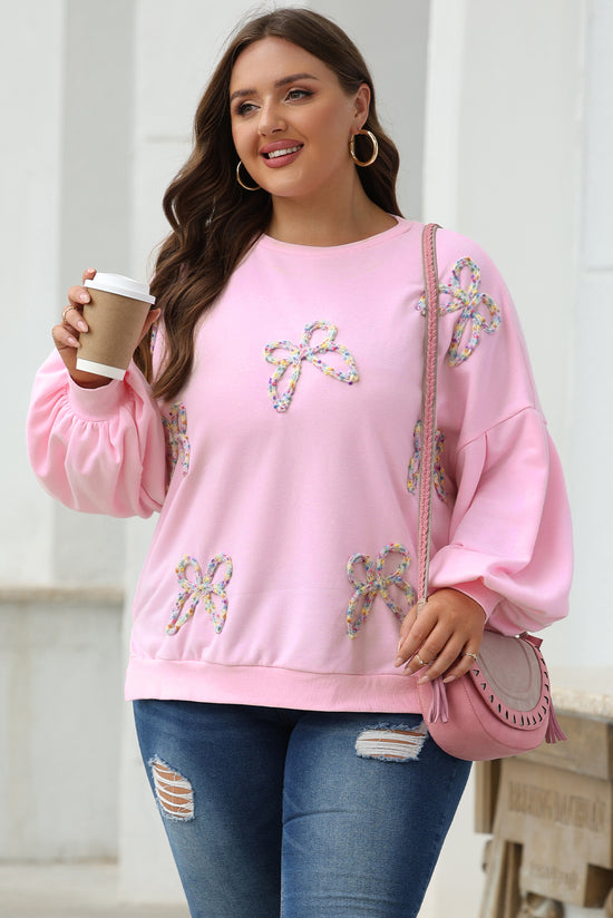 Light Pink Embroidered Bow Lantern Sleeve Oversized Sweatshirt