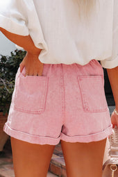 Vintage Washed Dusty Pink Ruffle High Waisted Denim Shorts