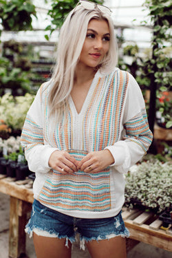 Multicolor Striped Patchwork Knit Hoodie with V-Neck and Drop Shoulders