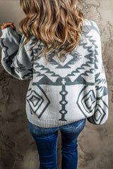 Cardigan boutonné gris clair à motif géométrique et bordure côtelée-A WOMAN WE LOVE