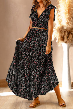 Trust high with black multicolored floral ruffles and long skirt