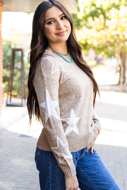 Khaki sweater with drooping shoulders and star pattern