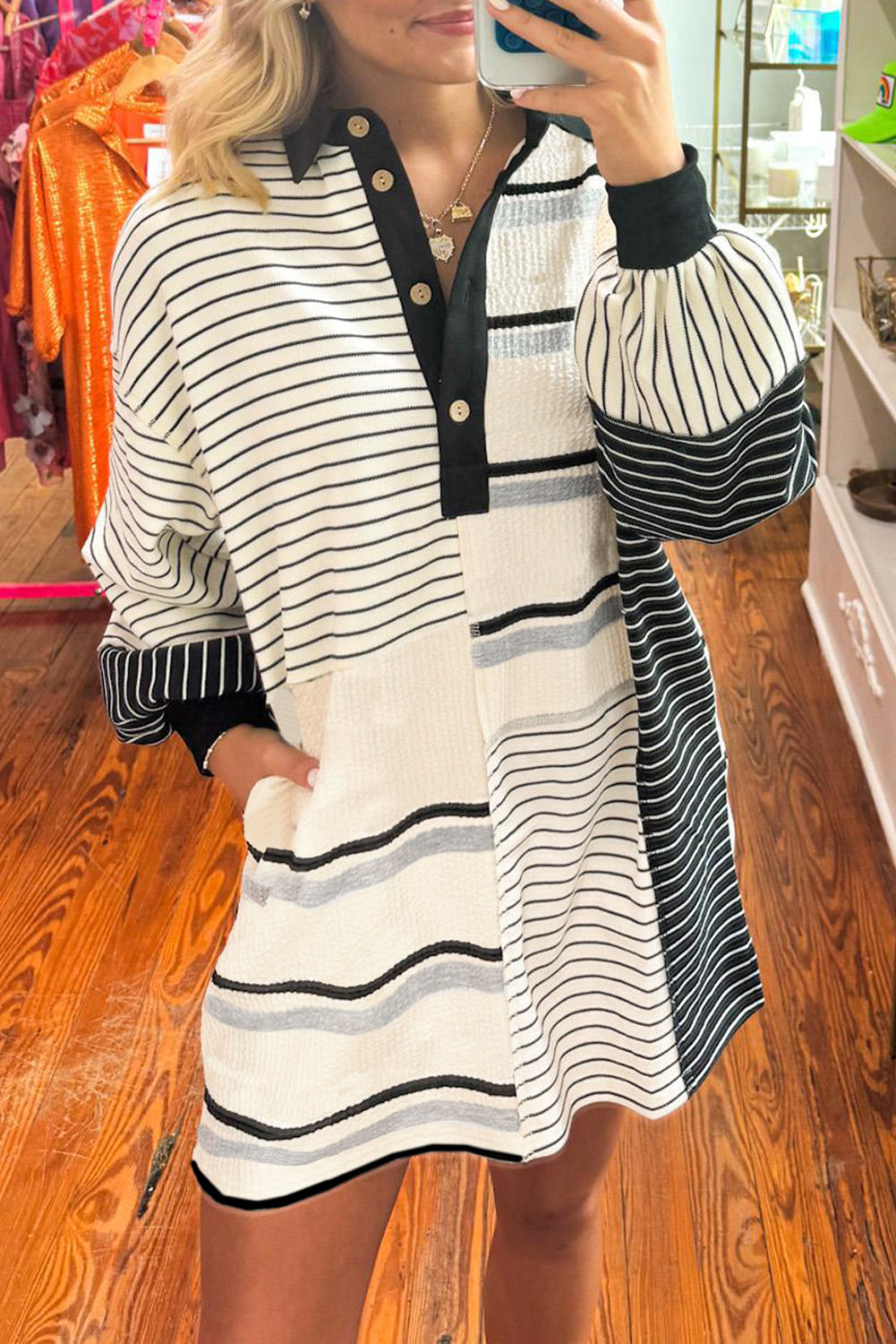 Black Stripe Colorblock Knit Henley Collar Shift Manga larga Mini Vestido