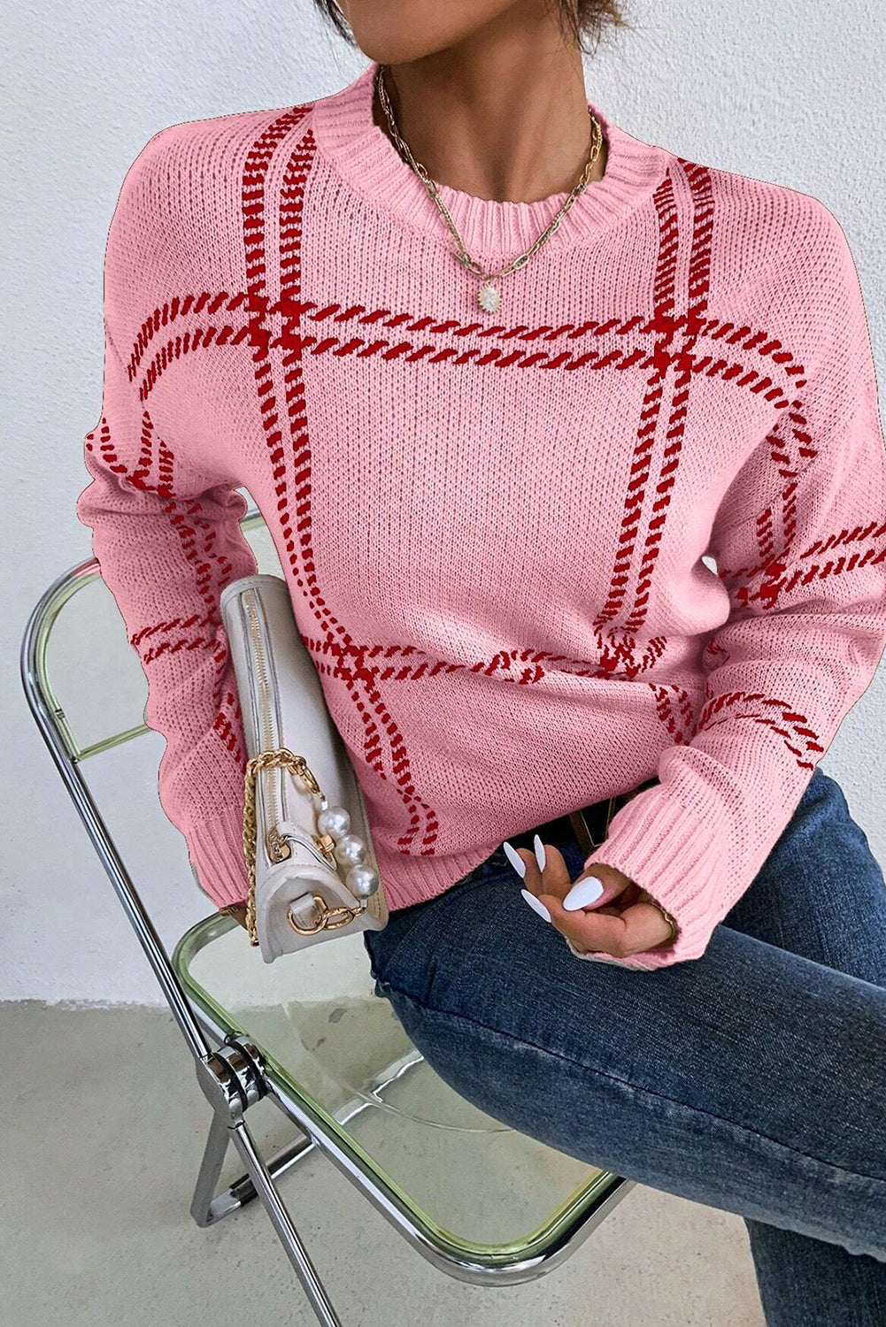 Pink Plaid Knitted Drop Shoulder Sweater