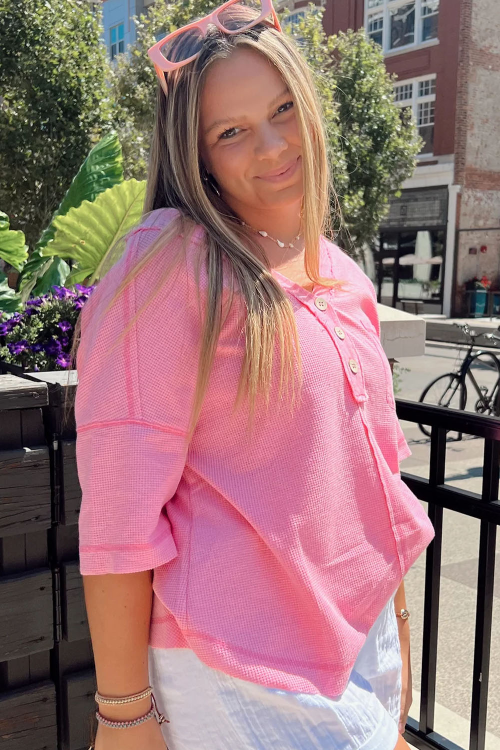 Pink Plus size Waffle Muntiiola Exposed Seam Vley T-shirt Henley