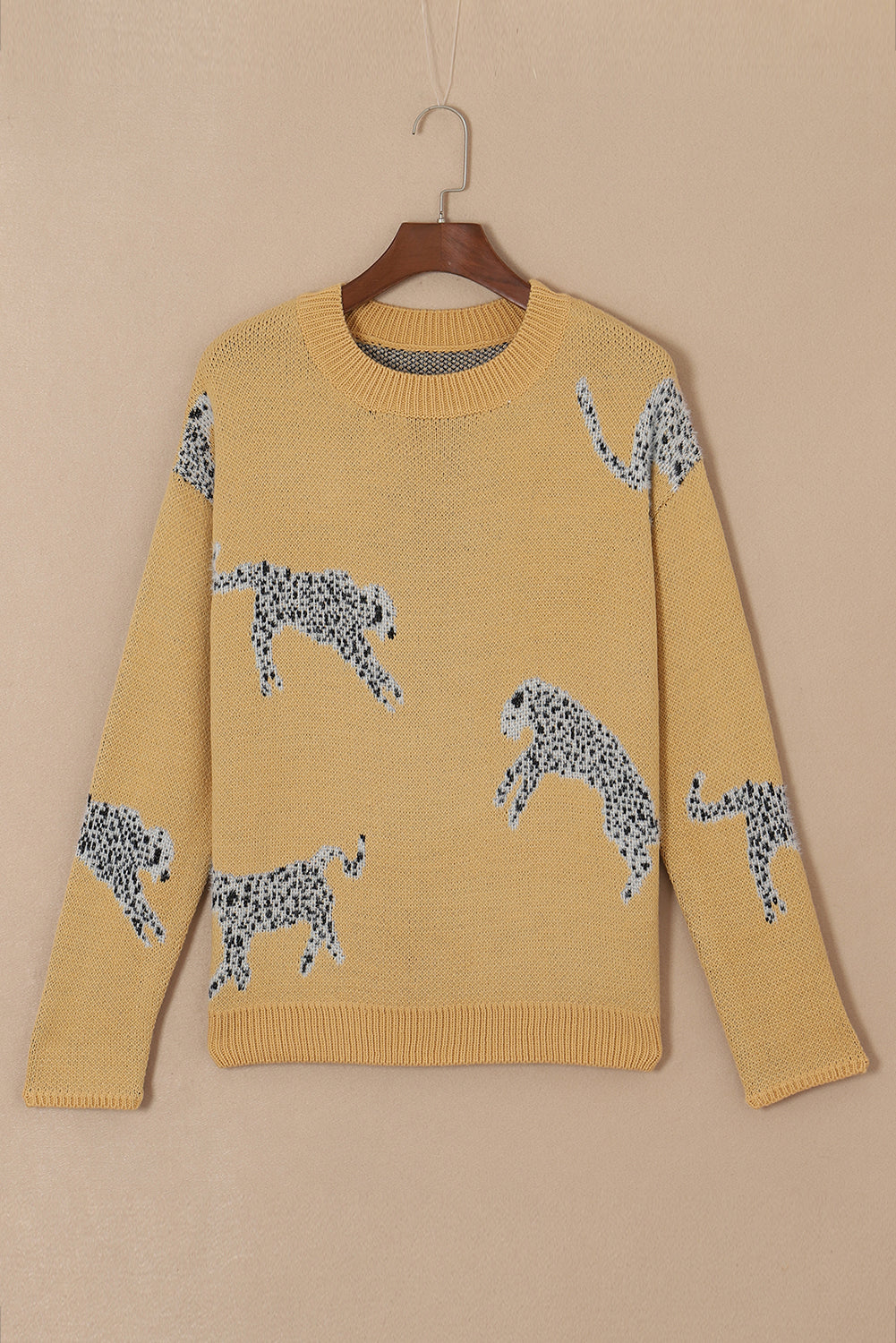 Camel Fuzzy Cheetah Accent Round Neck -Pullover