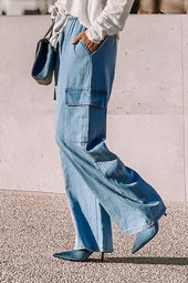 Large leg blue jeans and high waist cargo pocket with tightening cord