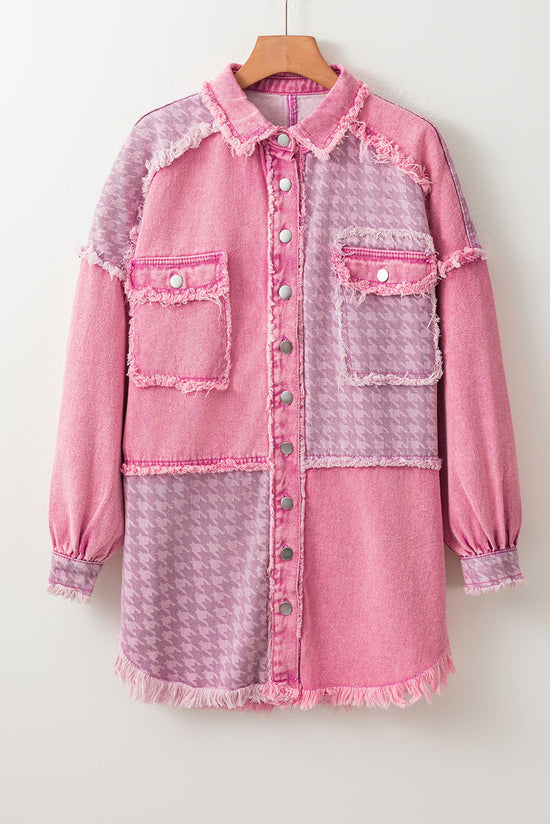 Retro pink distressed houndstooth patchwork denim jacket