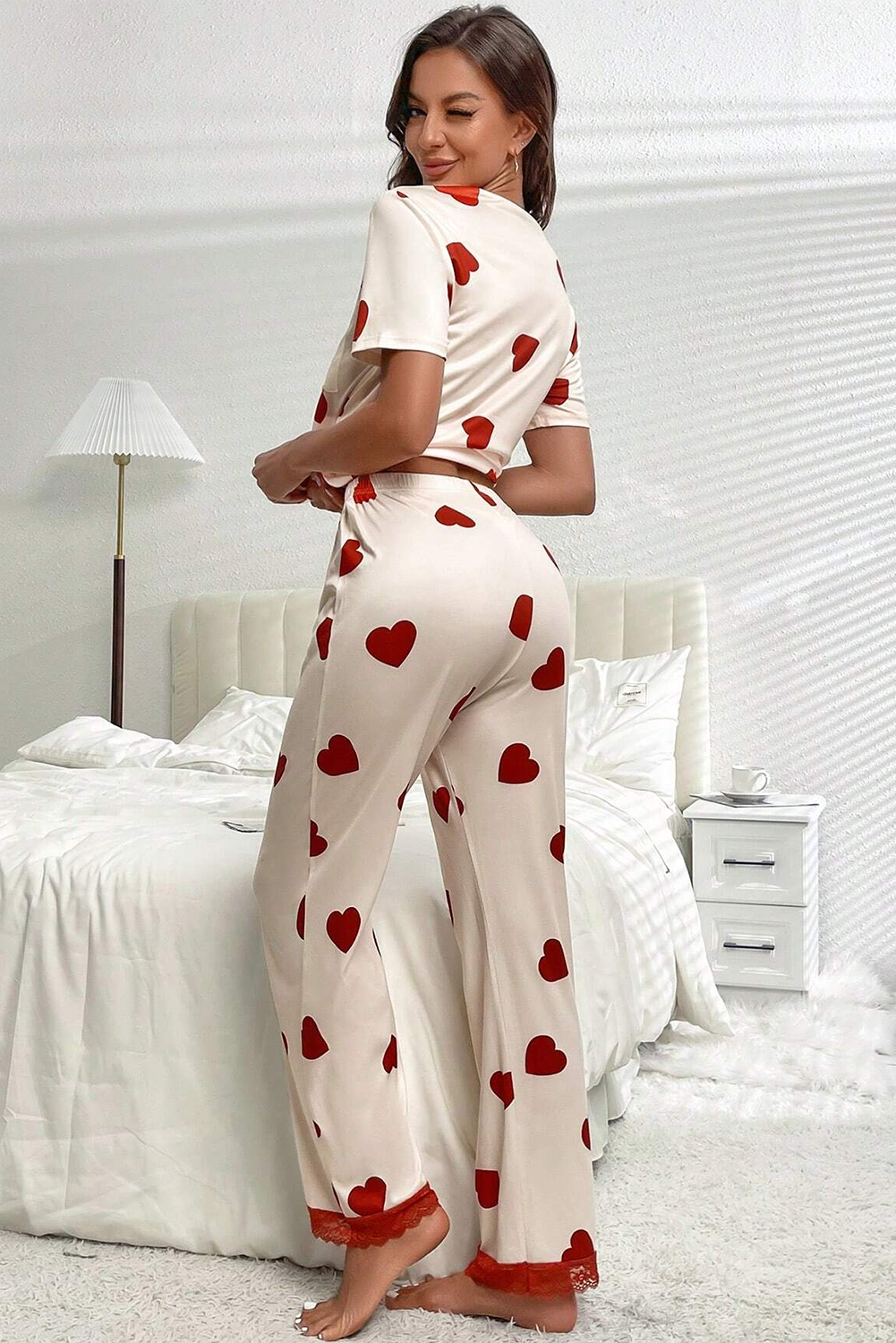 White Valentines Heart Imprimer en dentelle Hem Tee Pant