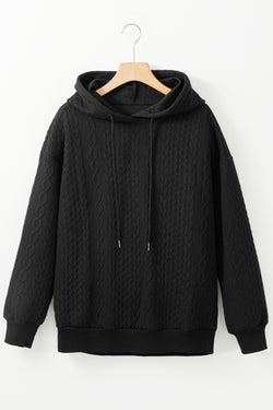 Black Textured Casual Drawstring Hoodie