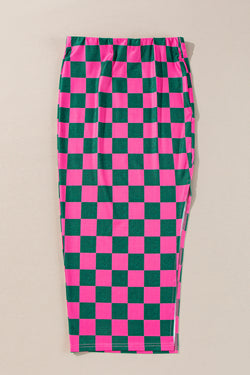 Long-waxing mid-length skirt with side slit and pink tiles print