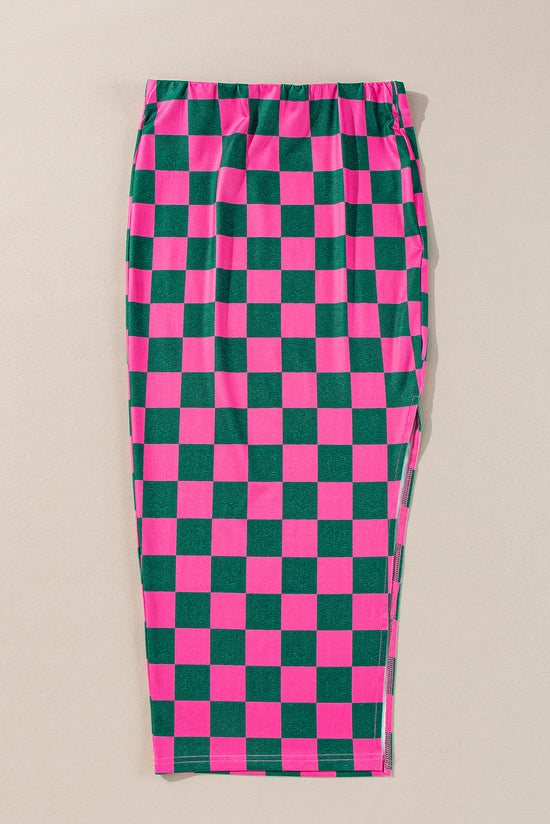 Long-waxing mid-length skirt with side slit and pink tiles print