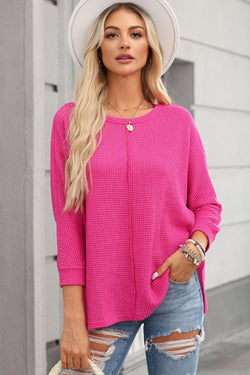 Red Pink Textured Center Seam Long Sleeve Split Top