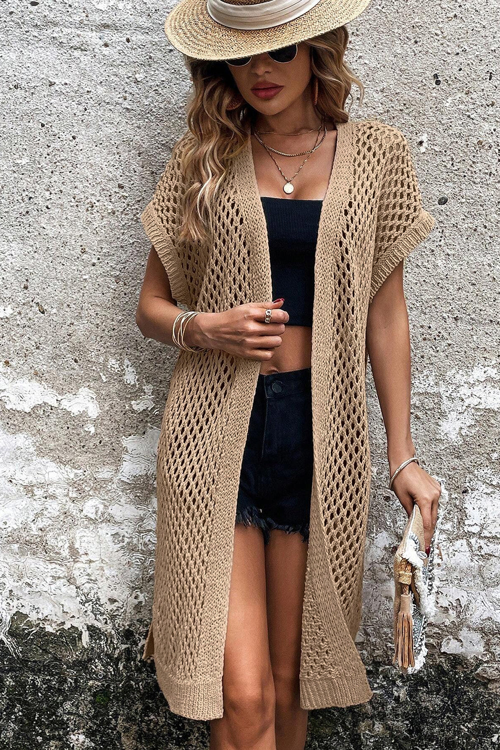 Cardigan camel ouvert sur le devant en maille pointelle à manches chauve-souris-A WOMAN WE LOVE