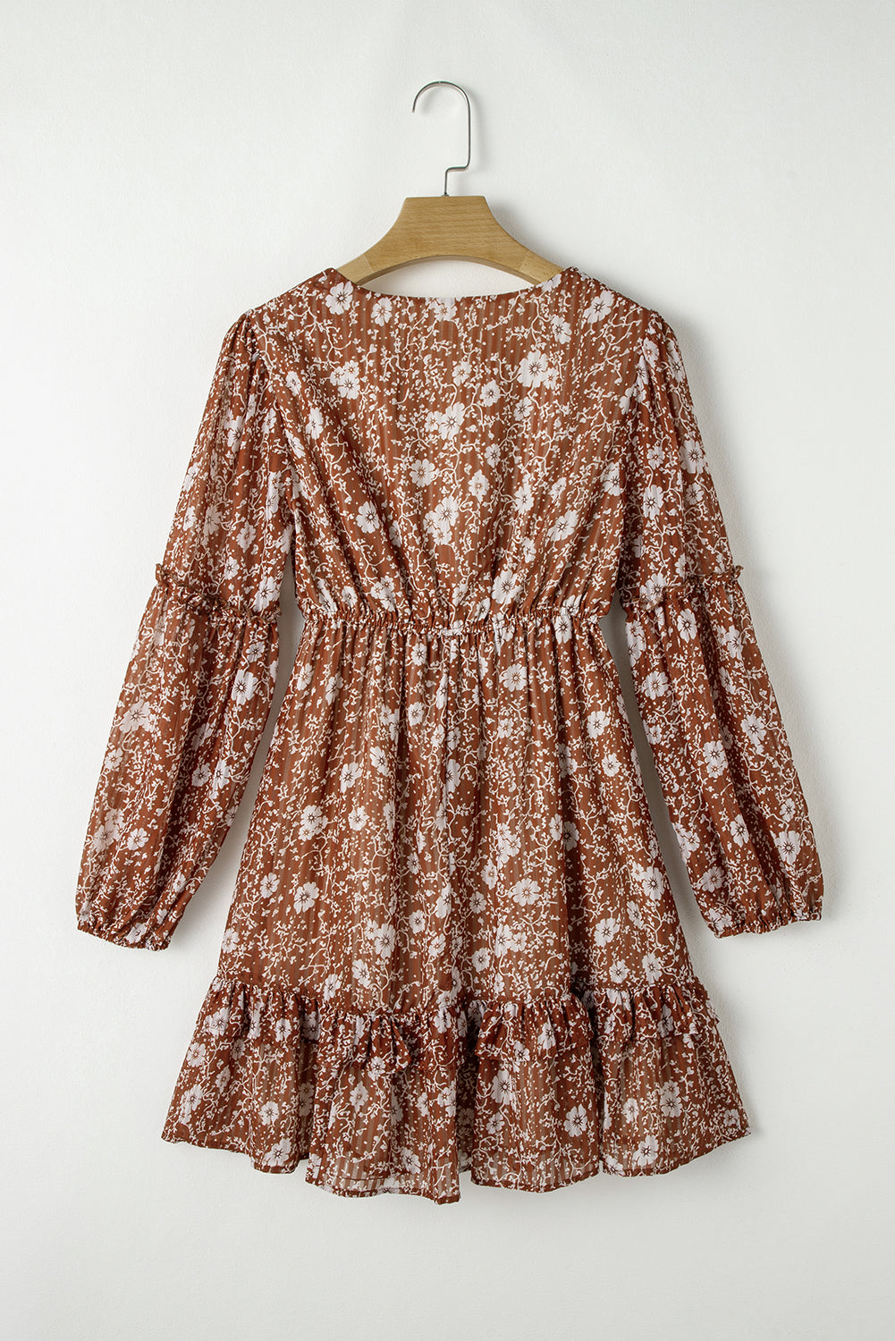 Brown Boho Floral Rusfled Puff manga V Neck Mini Vestido