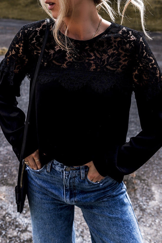 Black long sleeve crochet lace crew neck top