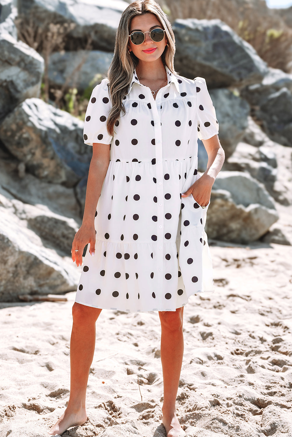 White Babydoll dress with polka dots and sleeve collar *