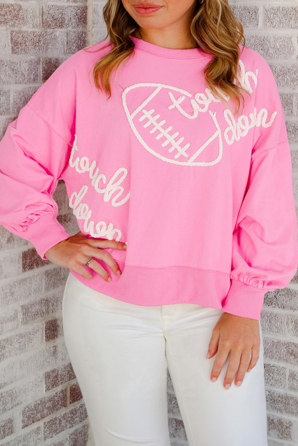 Touch Down Rugby Football Plus Size Pink Embroidered Sweatshirt