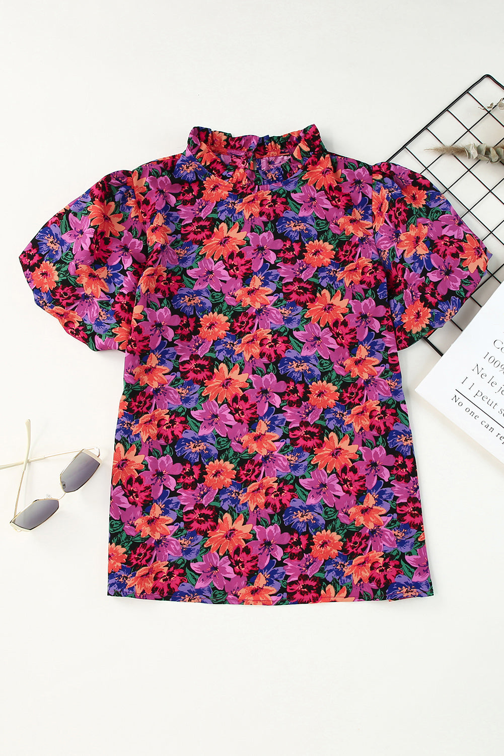 Blusa de manga de hojaldre de cuello redondo de estampado floral multicolor