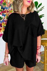 Ensemble t-shirt et short oversize en tricot gaufré noir-A WOMAN WE LOVE