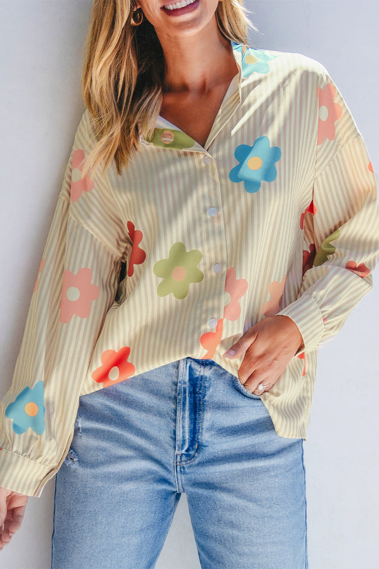 Loose -collar buttoned shirt and apricot floral print