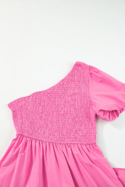 Asymmetrical midday dress with puffy sleeves and smocked bodice on several levels pink strawberry