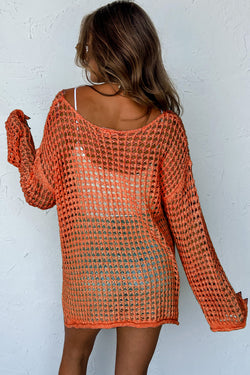 Pull tunique orange à manches cloche en tricot ouvert au crochet