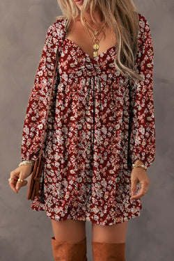 Red mini-Robe with floral print and heart collar *