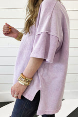 Orchid Petal Plus Mineral Wash Drop Sleeve Patchwork T-Shirt