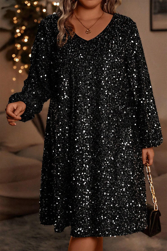 Couleur noir Robe à paillettes à manches bulles et col en V de grande taille